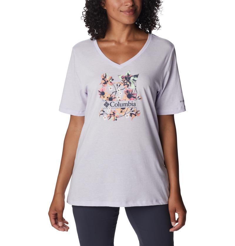 Bluebird Day Relaxed V-Neck - Womens - Wild Rose Heather / Jubilant Flower Graphic 1
