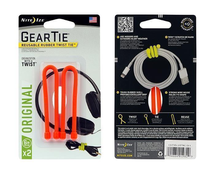 Gear Tie Reusable Rubber Twist Tie 6" - 2 Pack - Bright Orange 1