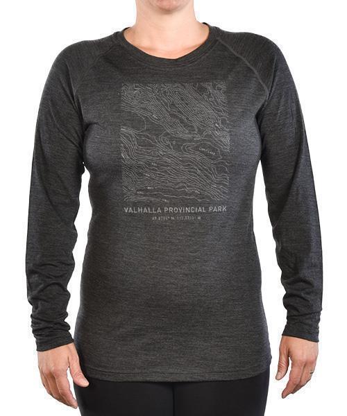 PURE naturals 100% Merino LS T-Shirt - Valhalla Provincial Park Map - Womens - Charcoal 1