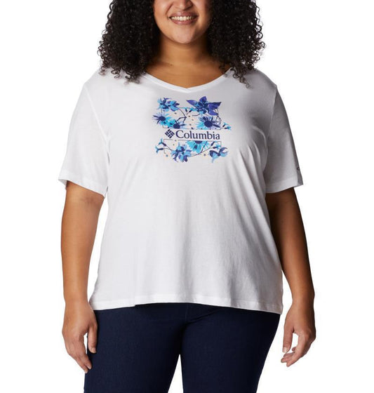 Bluebird Day Relaxed V-Neck - Plus - Womens - White / Jubilant Escape Graphic 1