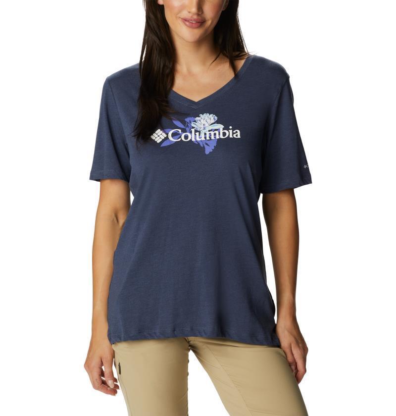 Bluebird Day Relaxed V-Neck - Womens - Nocturnal Heather / Jubilant Flower Graphic 1