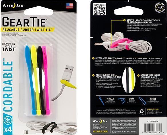 Gear Tie Cordable Twist Tie 3" - 4 Pack - Assorted 2