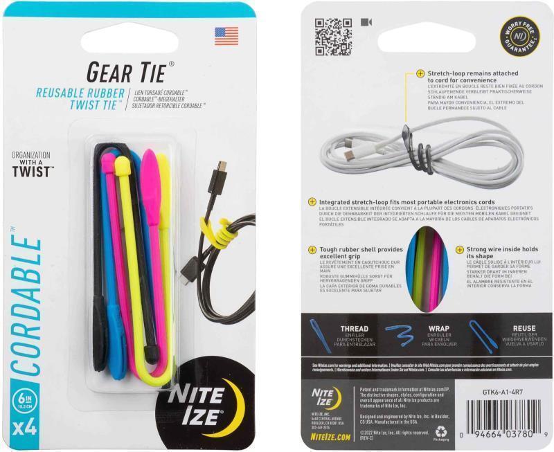 Gear Tie Cordable Twist Tie 6" - 4 Pack - Assorted 1