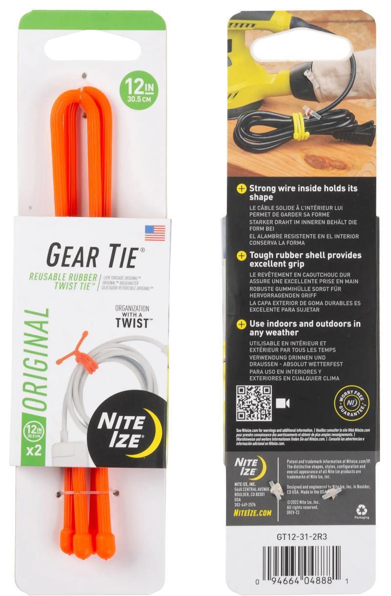 Gear Tie Reusable Rubber Twist Tie 12" - 2 Pack - Bright Orange 1