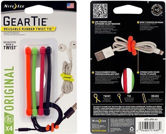 Gear Tie Reusable Rubber Twist Tie 3" - 4 Pack - Assorted 1