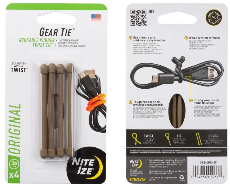 Gear Tie Reusable Rubber Twist Tie 3" - 4 Pack - Coyote 1