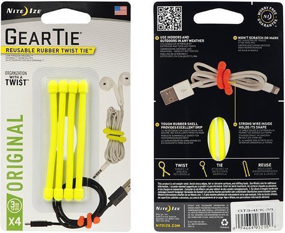 Gear Tie Reusable Rubber Twist Tie 3" - 4 Pack - Neon Yellow 1