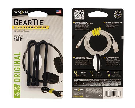 Gear Tie Reusable Rubber Twist Tie 6" - 2 Pack - Black 1
