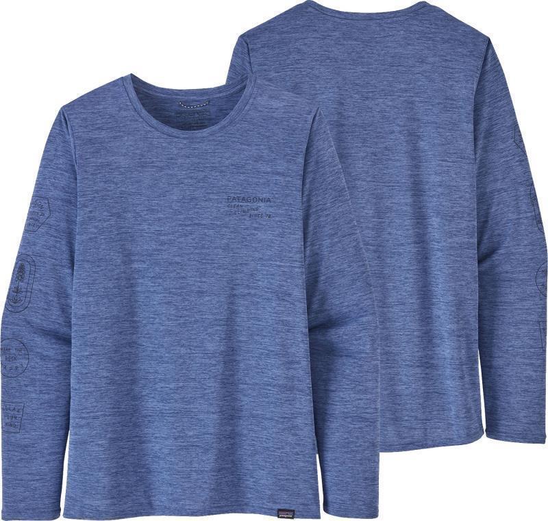 Capilene Cool Daily Graphic LS Shirt - Womens - Clean Climb Badges / Current Blue X-Dye 1