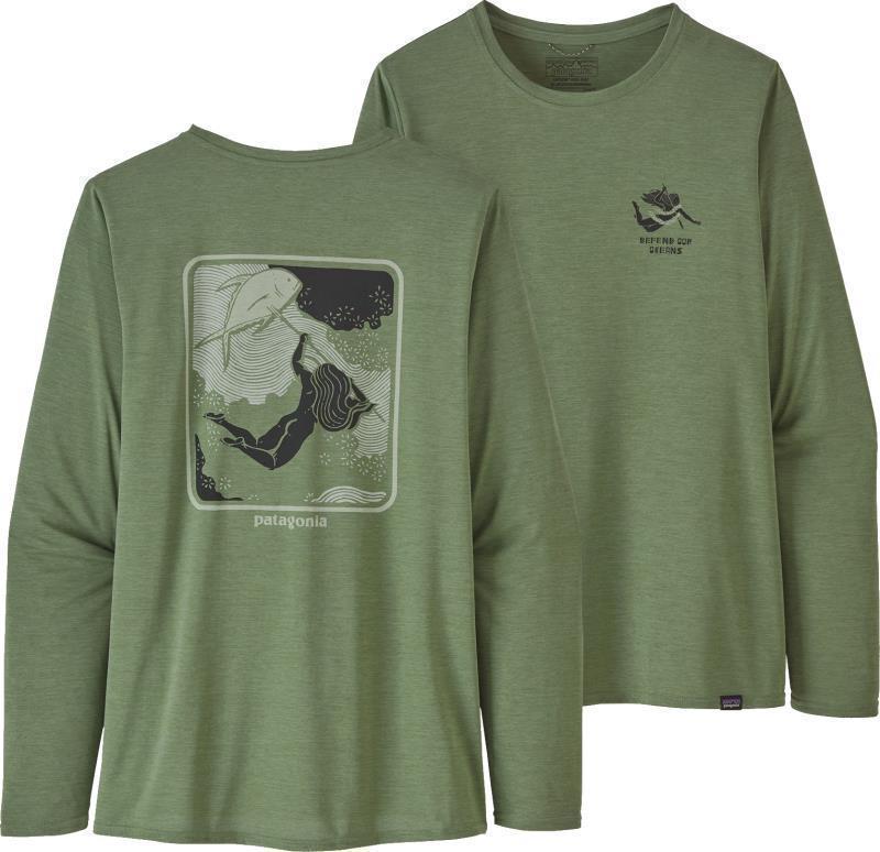 Capilene Cool Daily Graphic LS Shirt - Womens - Defend Our Oceans / Sedge Green X-Dye 1